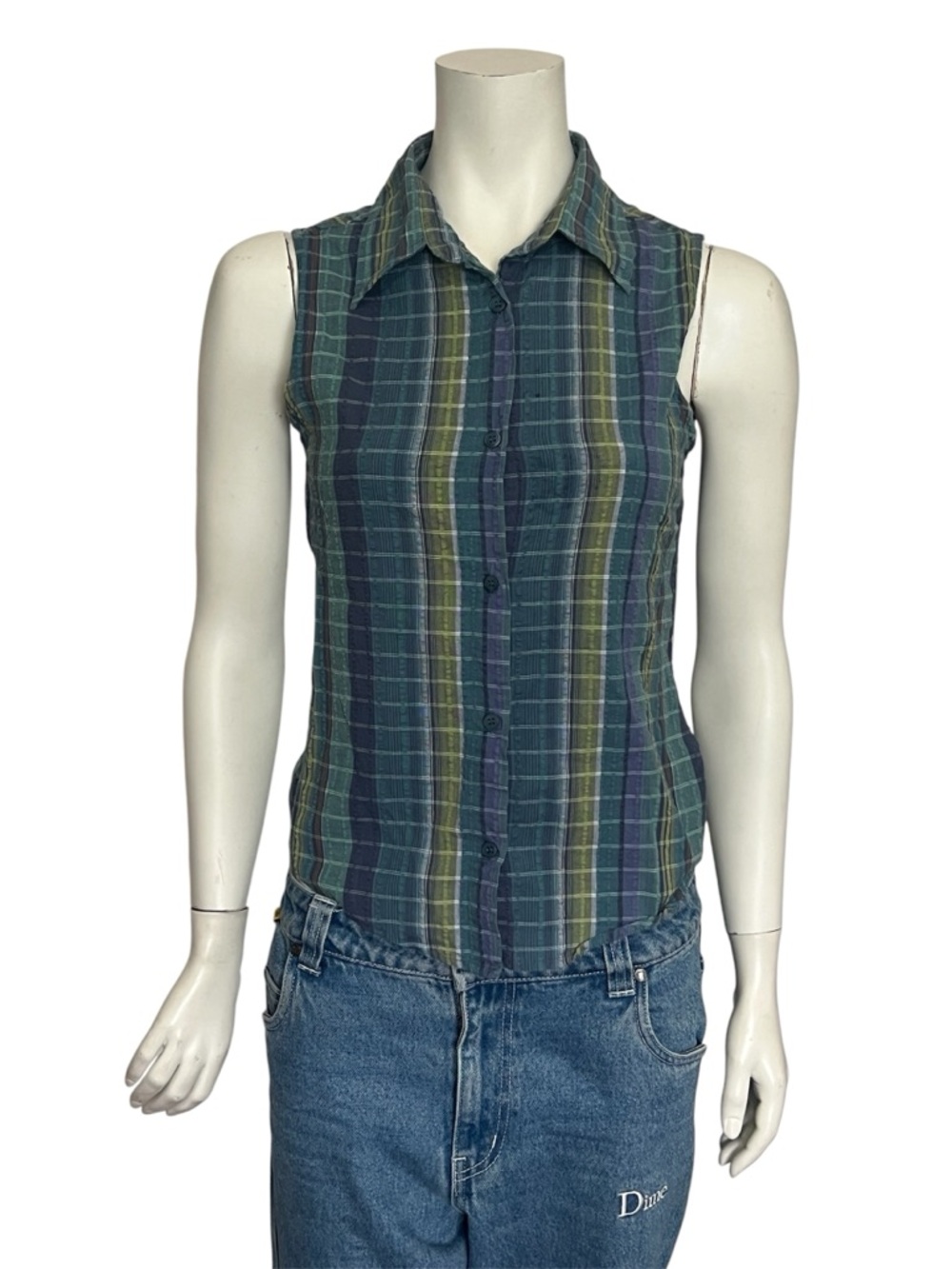 VINTAGE 90s Sleeveless Plaid Button-Front Top Green/Blue